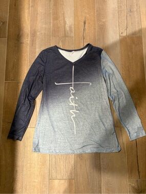 Faith Ombre V-Neck Long Sleeve Top - Navy to Light Blue